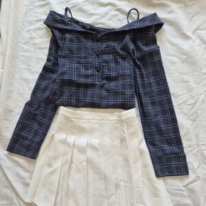 Navy Plaid Off-Shoulder Top and White Pleated Skirt Set